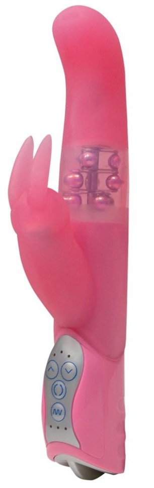 Розовый вибратор Smile Pearl Bunny с загнутой головкой и клиторальным зайчиком - 26 см.