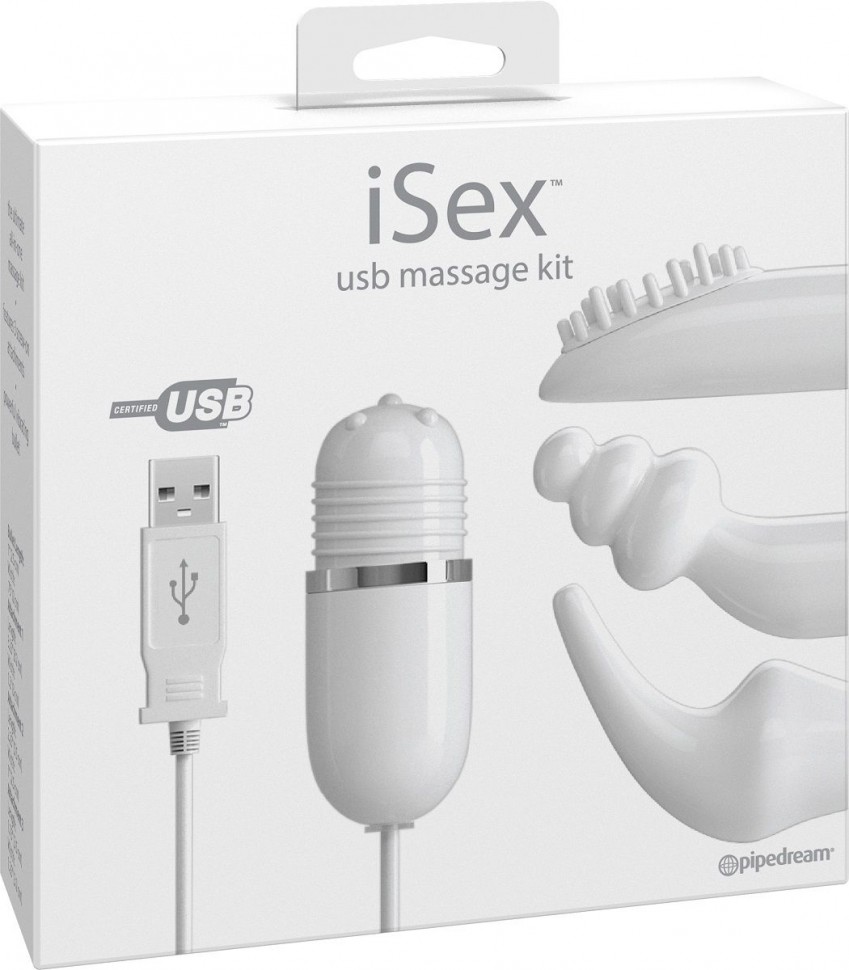 Белый вибромассажер с набором насадок USB MASSAGE KIT на проводе USB